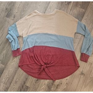 Women 1XL ColorBlock Waffle Knit Tie Front Long Sleeve Top Fall Weekend USA Made